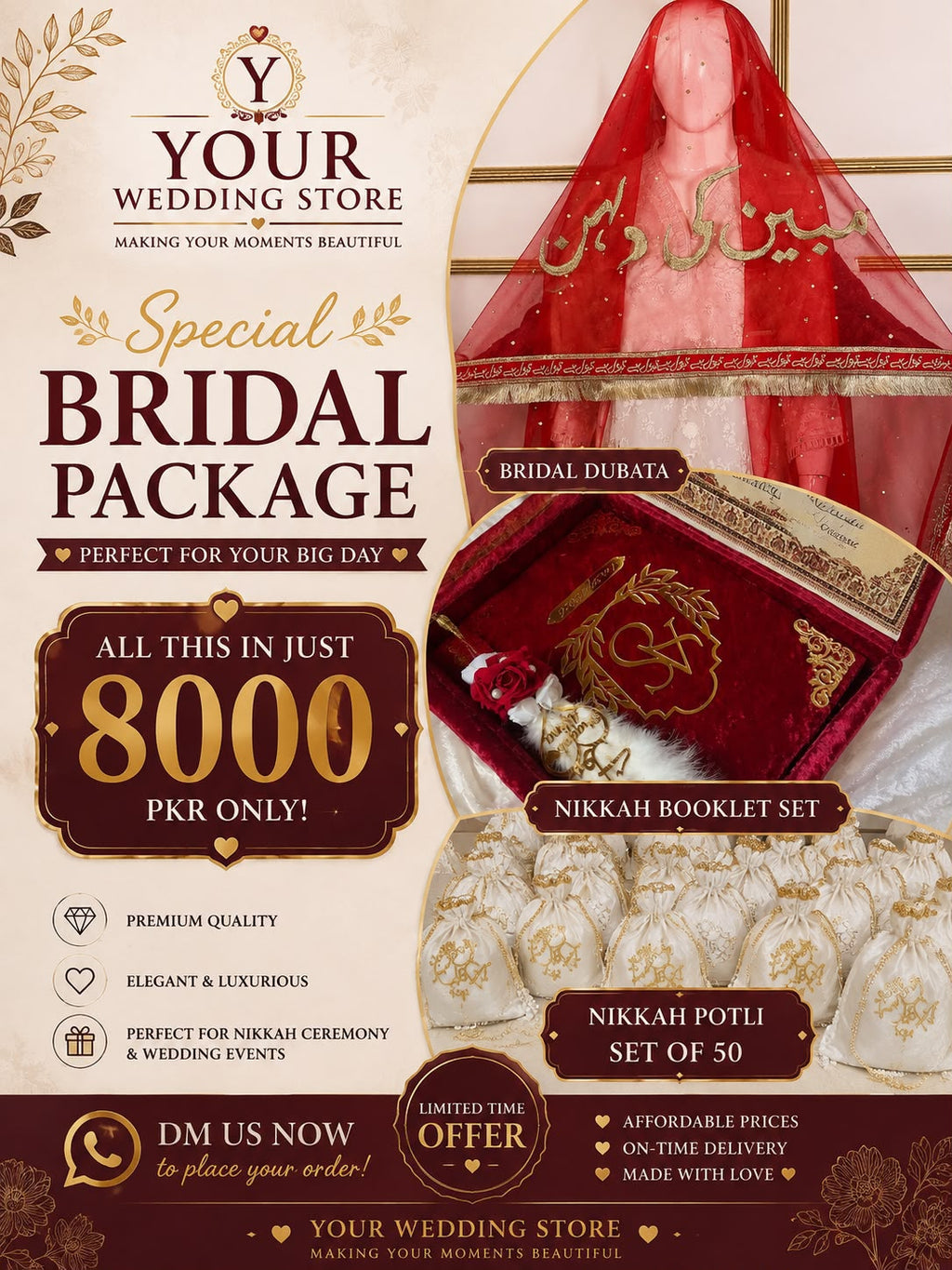 Bridal dupatta,Nikkah booklet 7 Nikkah potlis Deal Of ( 3 in 1 )