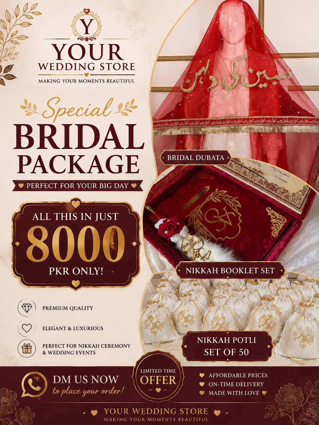 Bridal dupatta,Nikkah booklet 7 Nikkah potlis Deal Of ( 3 in 1 )
