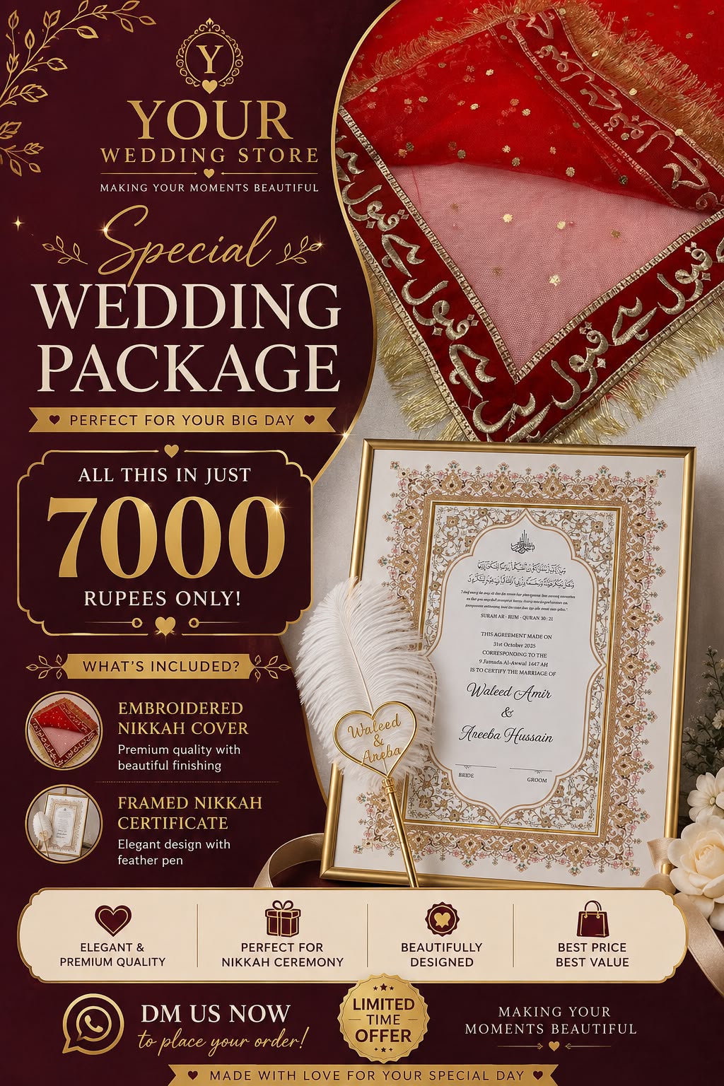 Embroidered Nikkah Cover & Framed Nikkah Certificate Deal (2 Pcs)